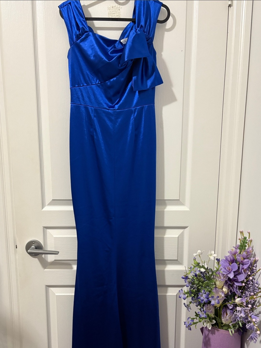 Satin One-Shoulder Royal Blue Bridesmaids Dress with Bow Accent